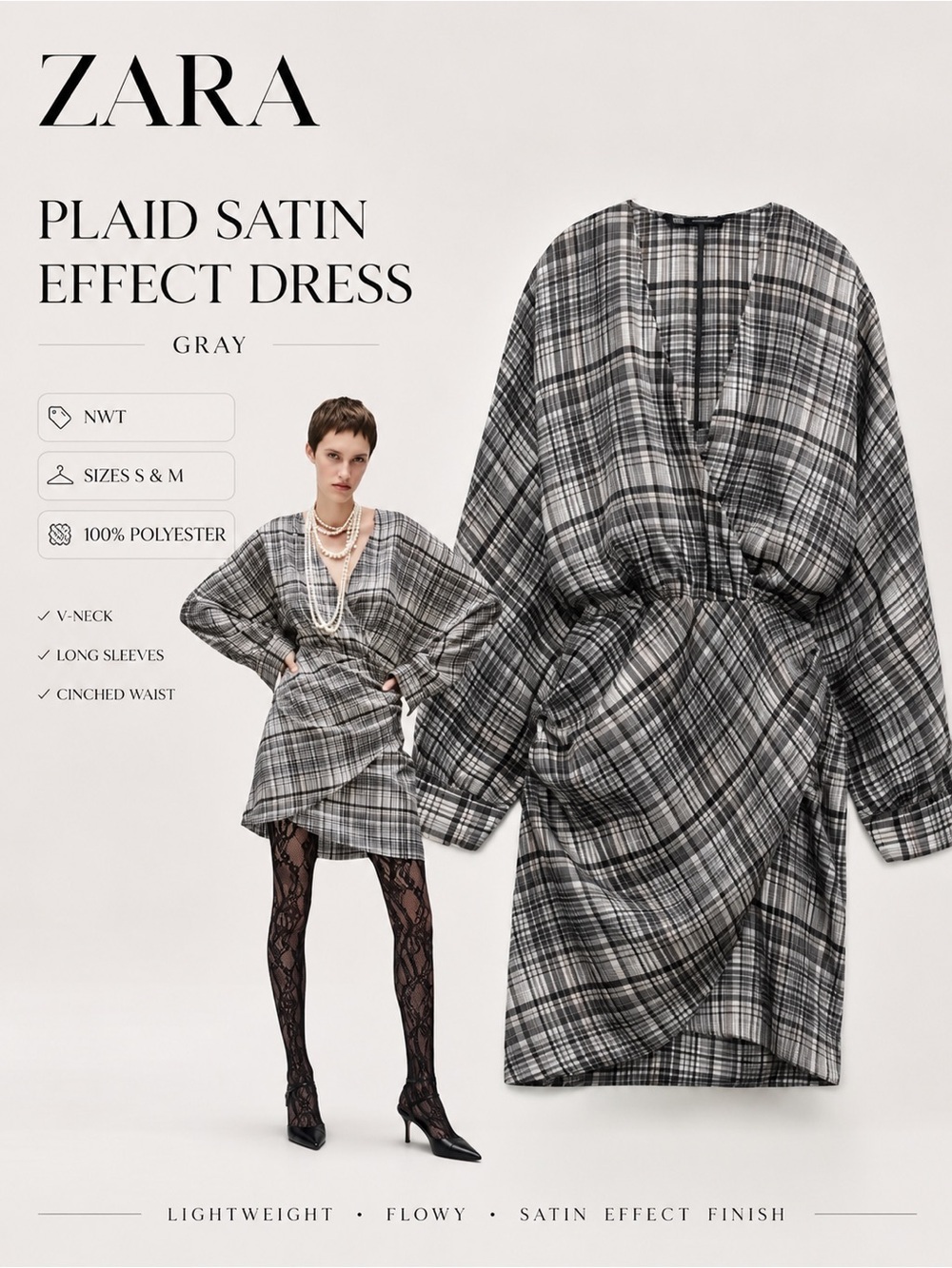 ZARA Gray Plaid Satin Effect Midi Dress NWT Size S/M